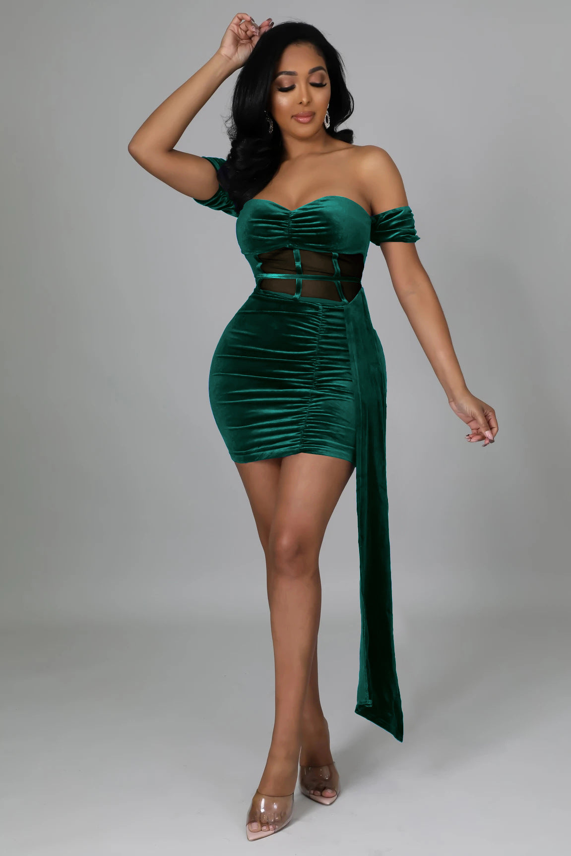 Velvet Wrap One-shoulder Dress